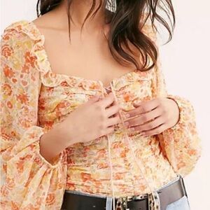 Free People Floral Ruffle Blouse - Orange and Pink